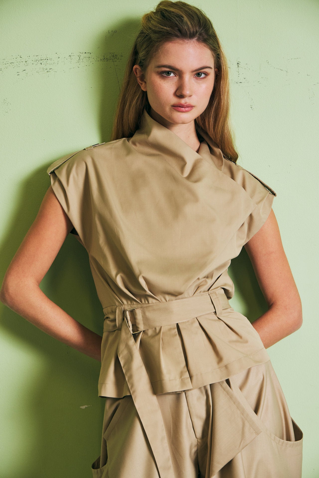 Woven Safari Draped Sleeveless Jacket