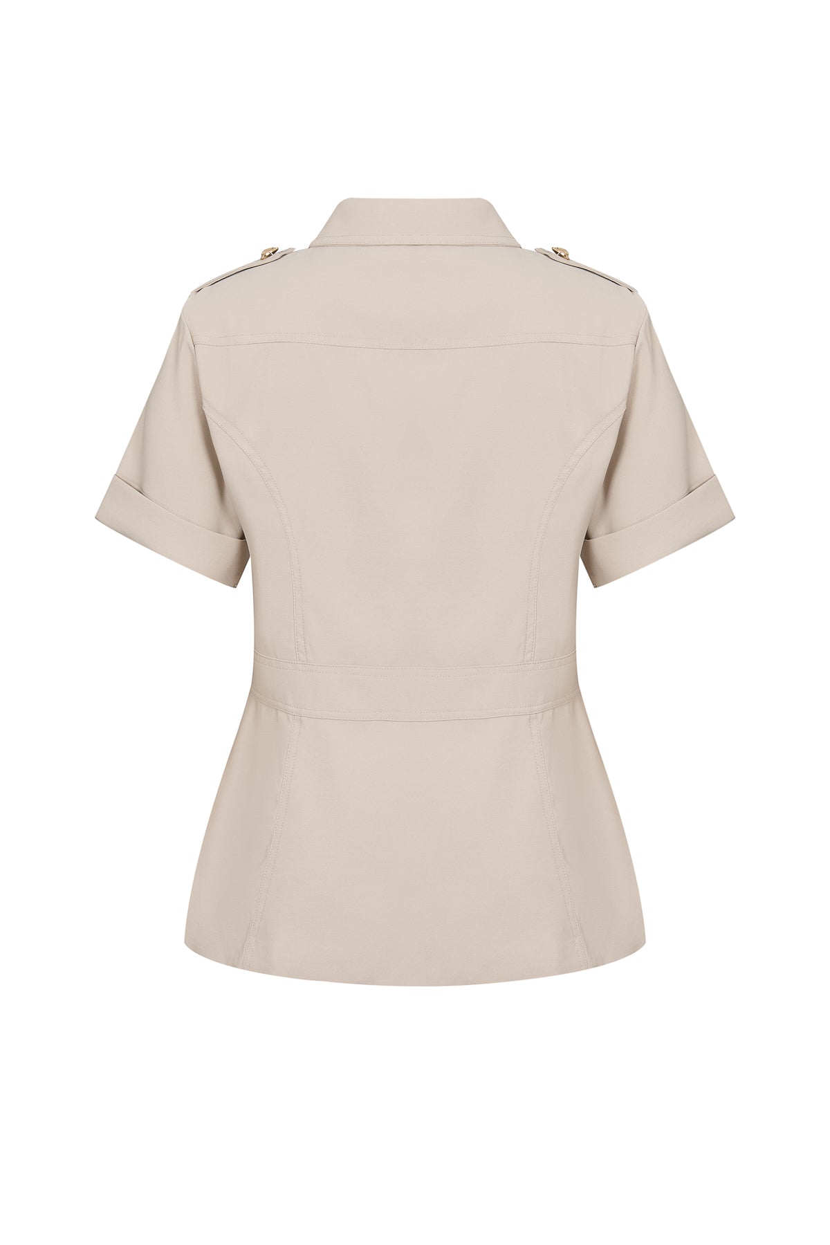 Woven Short Sleeve Safari Jacket with Gold Accent Buttons