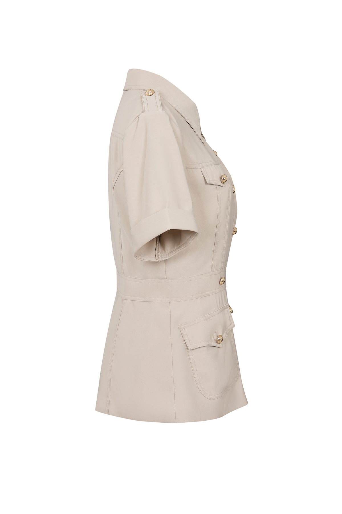 Woven Short Sleeve Safari Jacket with Gold Accent Buttons