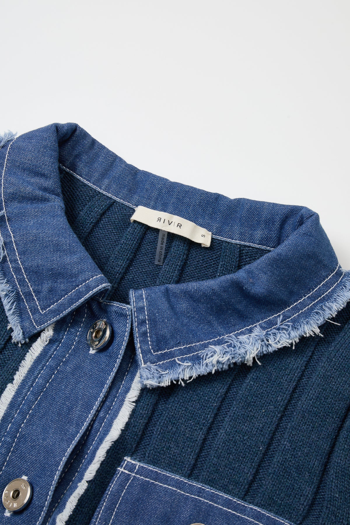 Rib Knit Denim Look Jacket With Contrast