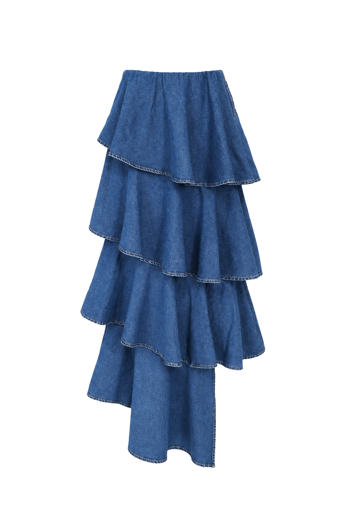 Spiral Ruffle Denim Midi Skirt