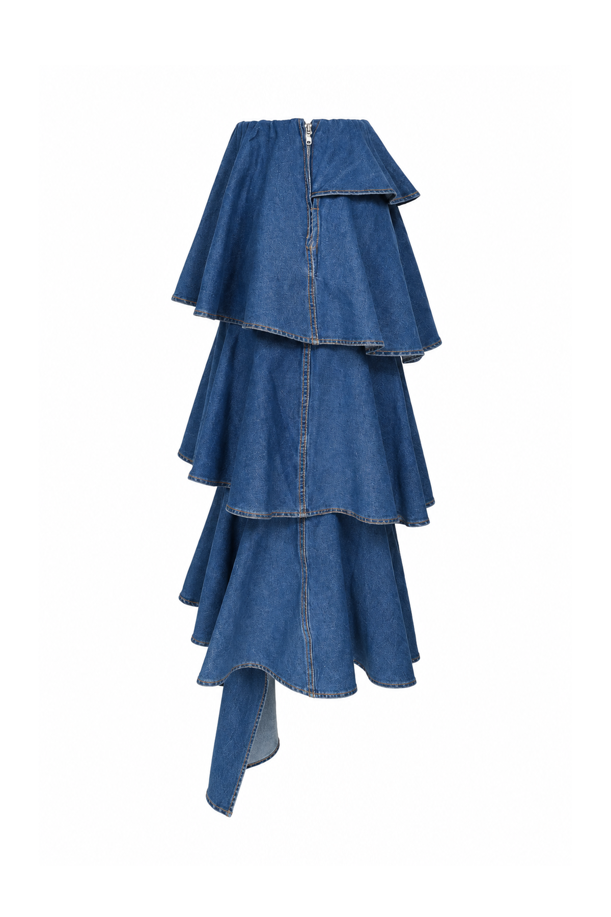 Spiral Ruffle Denim Midi Skirt