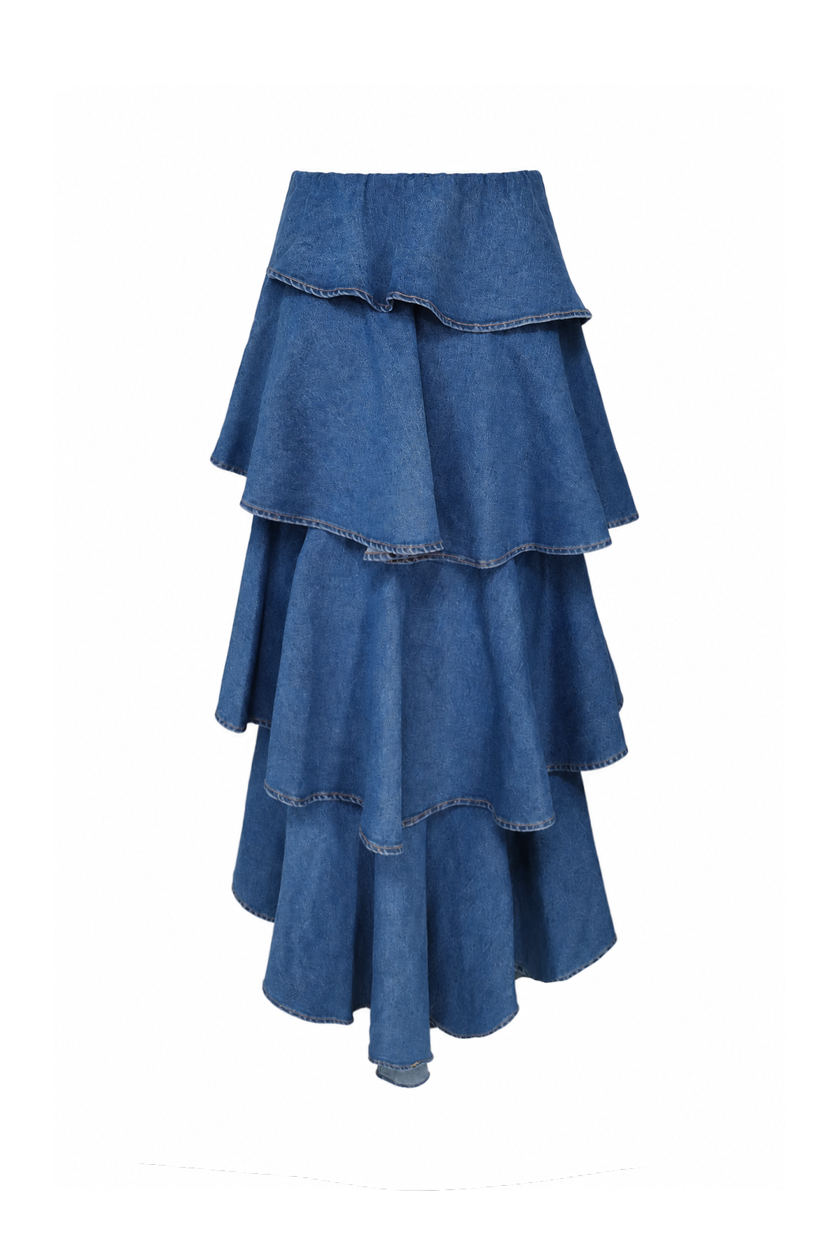 Spiral Ruffle Denim Midi Skirt
