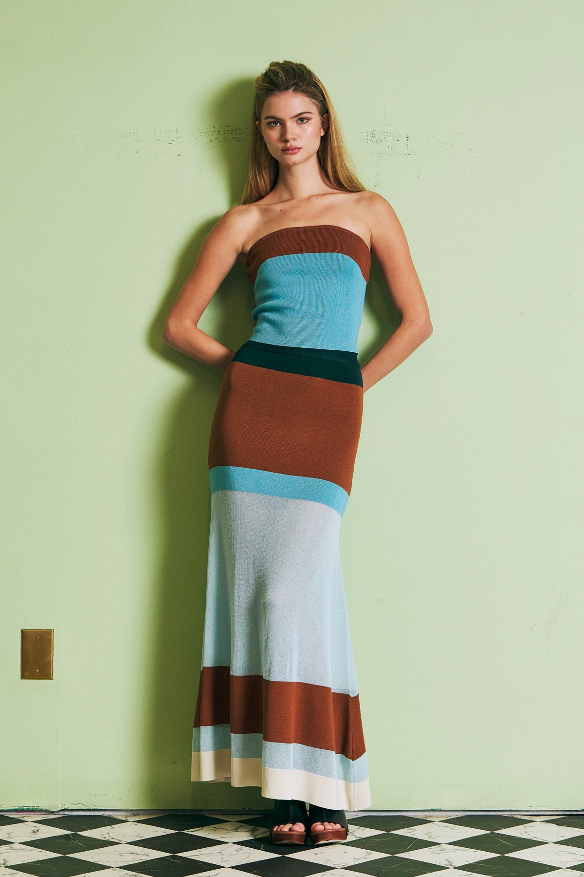 Valence Color Block Knit Maxi Skirt With Sheer Contrast