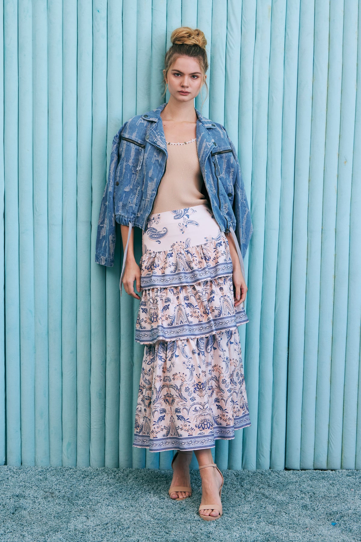Border Print Tiered Midi Skirt