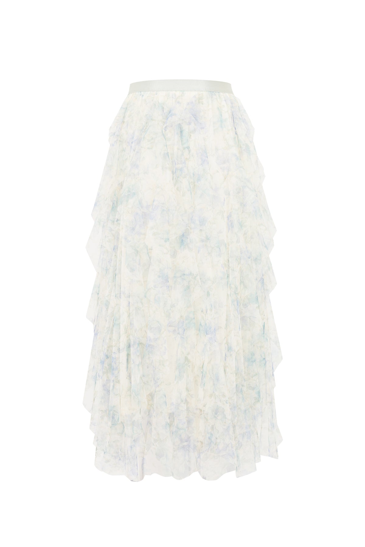 Printed Ruffle Tulle Midi Skirt