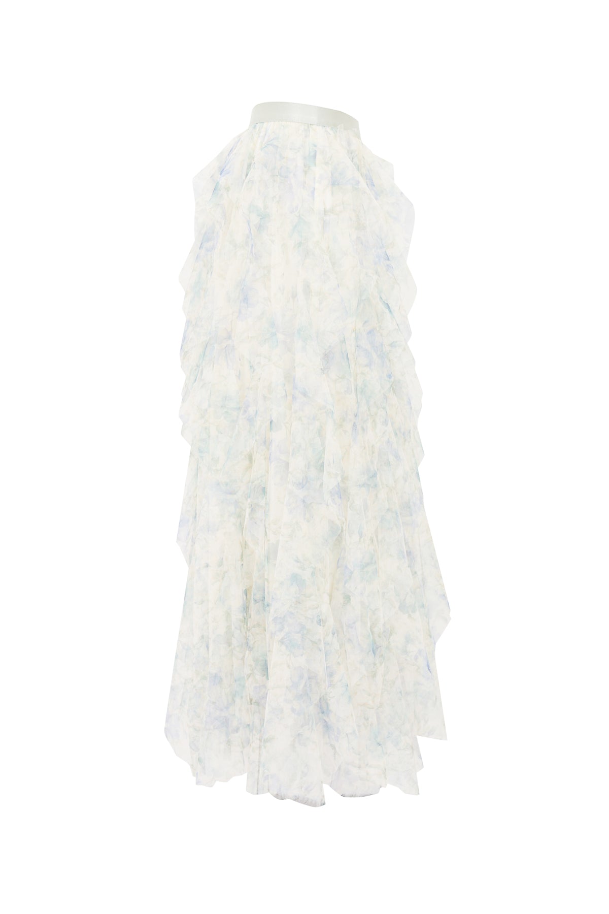 Printed Ruffle Tulle Midi Skirt