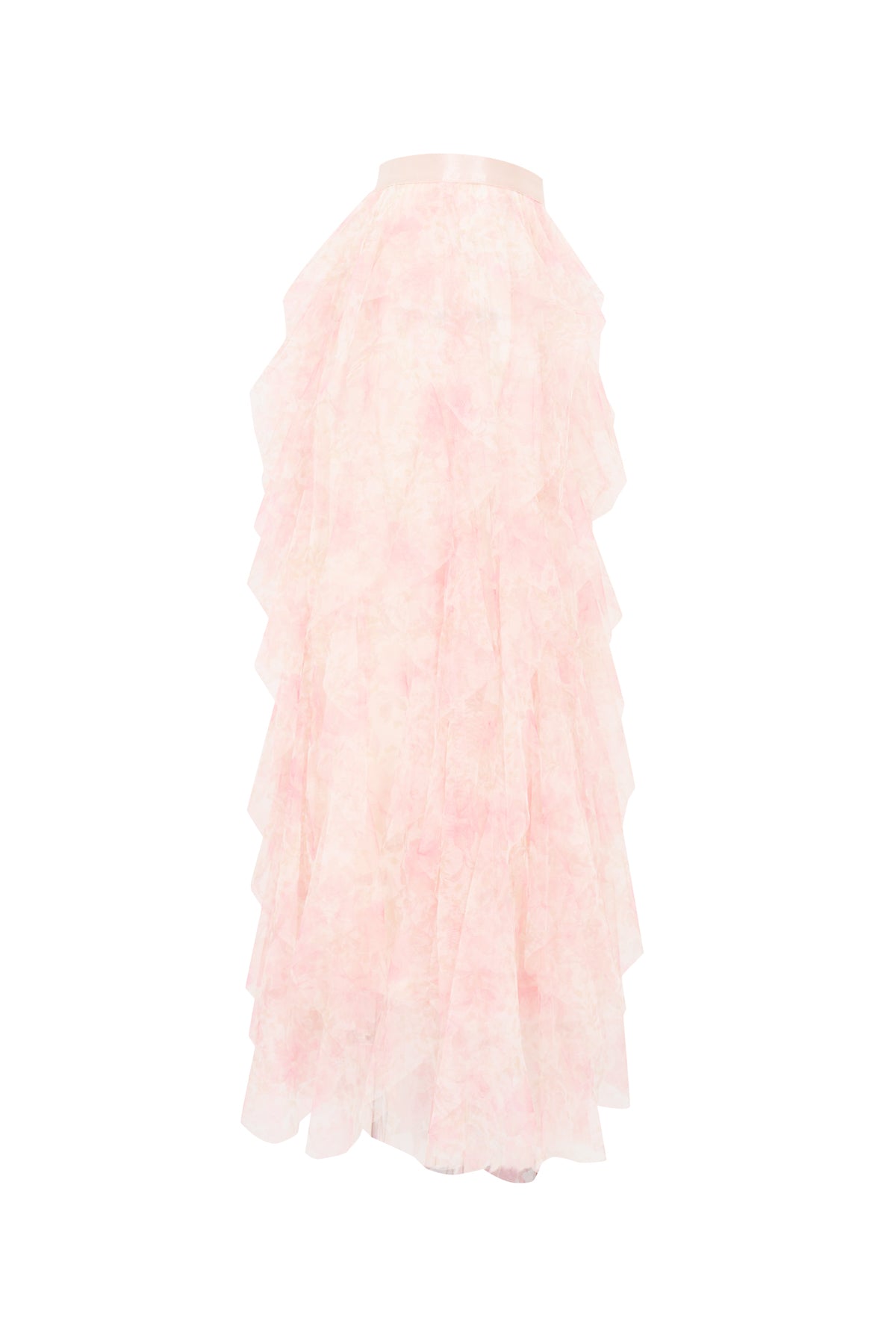 Printed Ruffle Tulle Midi Skirt