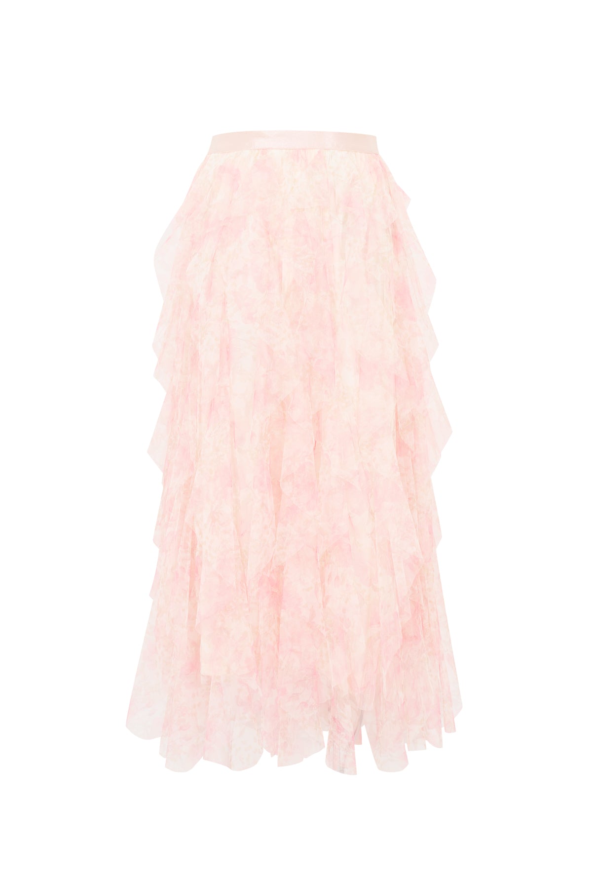 Printed Ruffle Tulle Midi Skirt