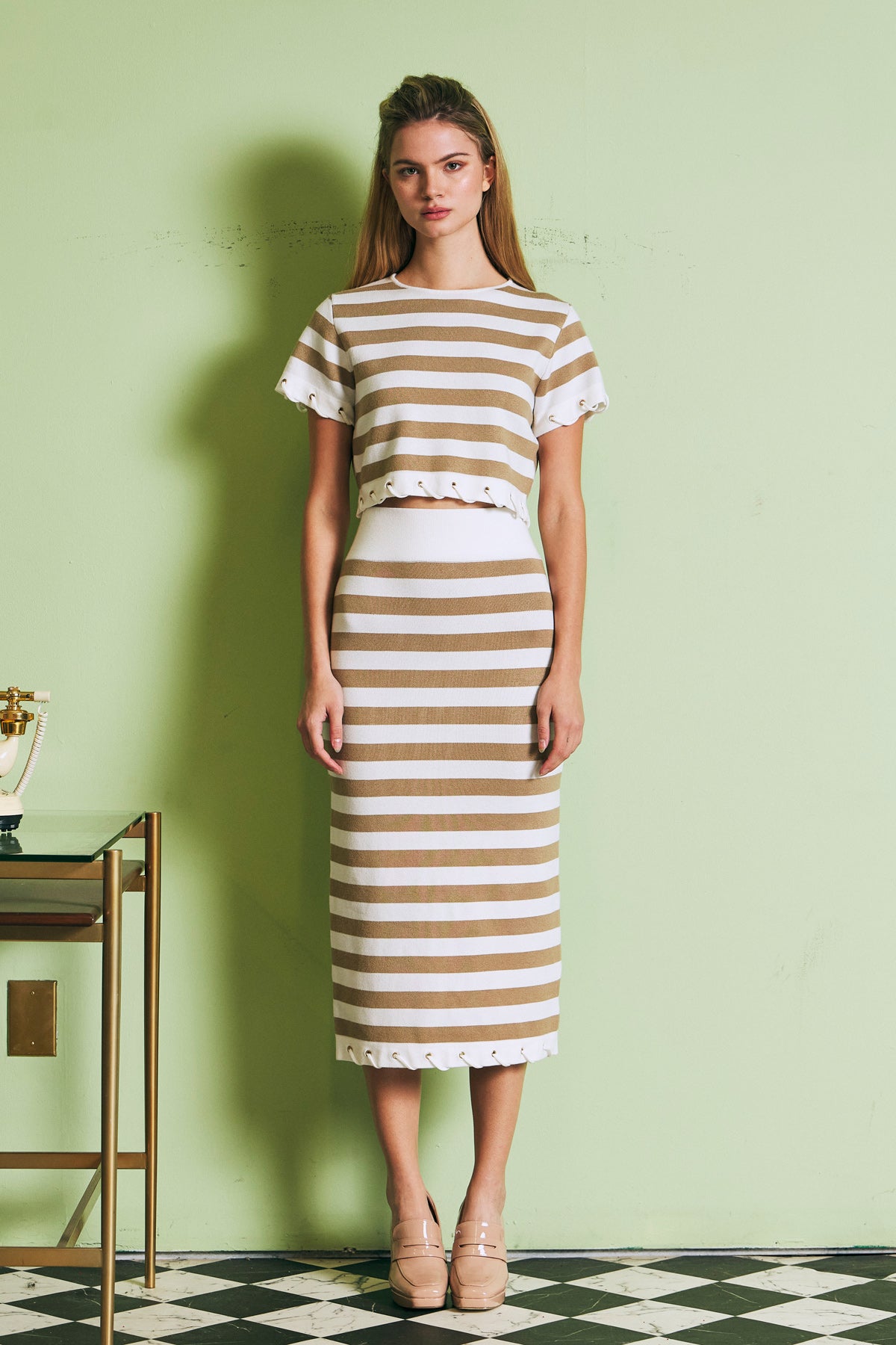 Knit Stripe Rope Embellished Midi Skirt