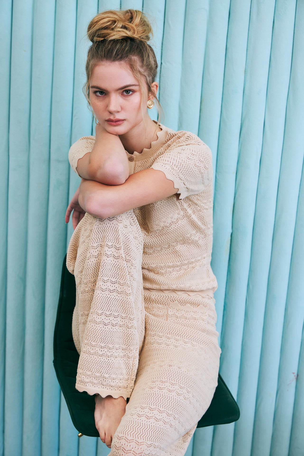 Élégie Pointelle Knit Wide Leg Pants with Patch Pockets