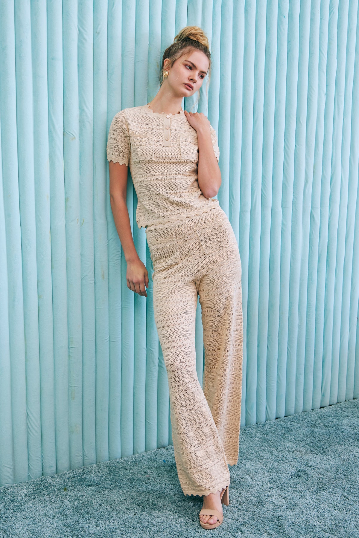 Élégie Pointelle Knit Wide Leg Pants with Patch Pockets