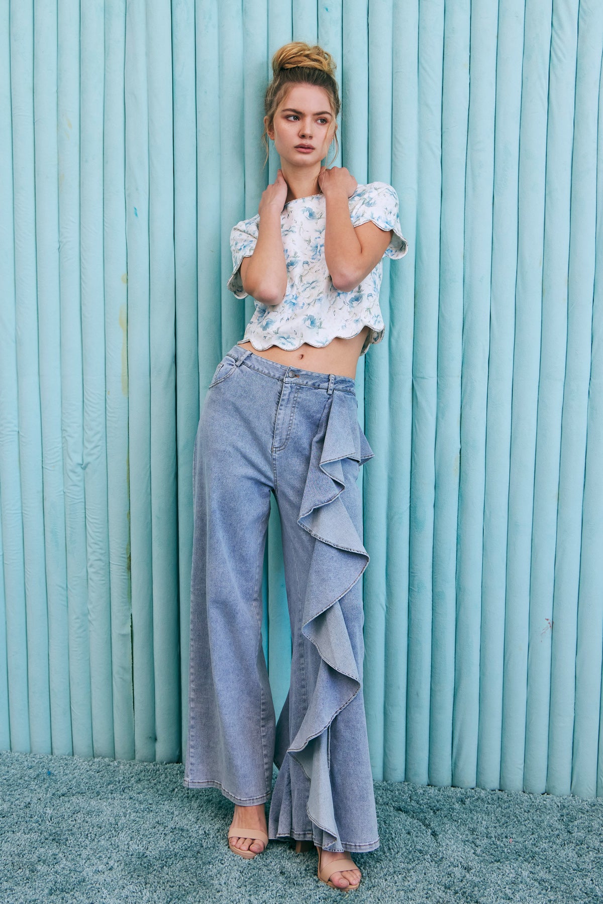 Ruffle Detail Wide Leg Jean