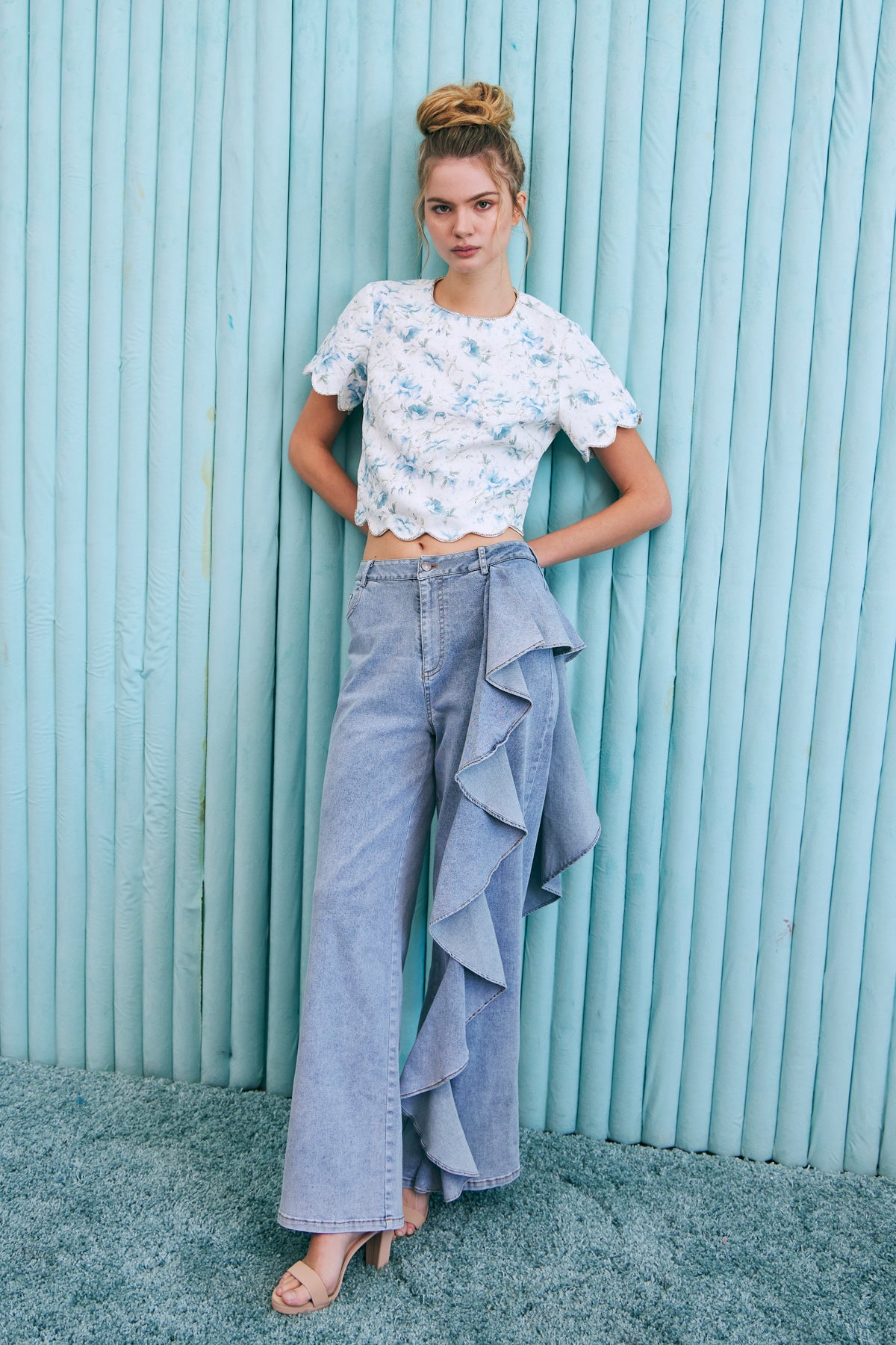 Ruffle Detail Wide Leg Jean