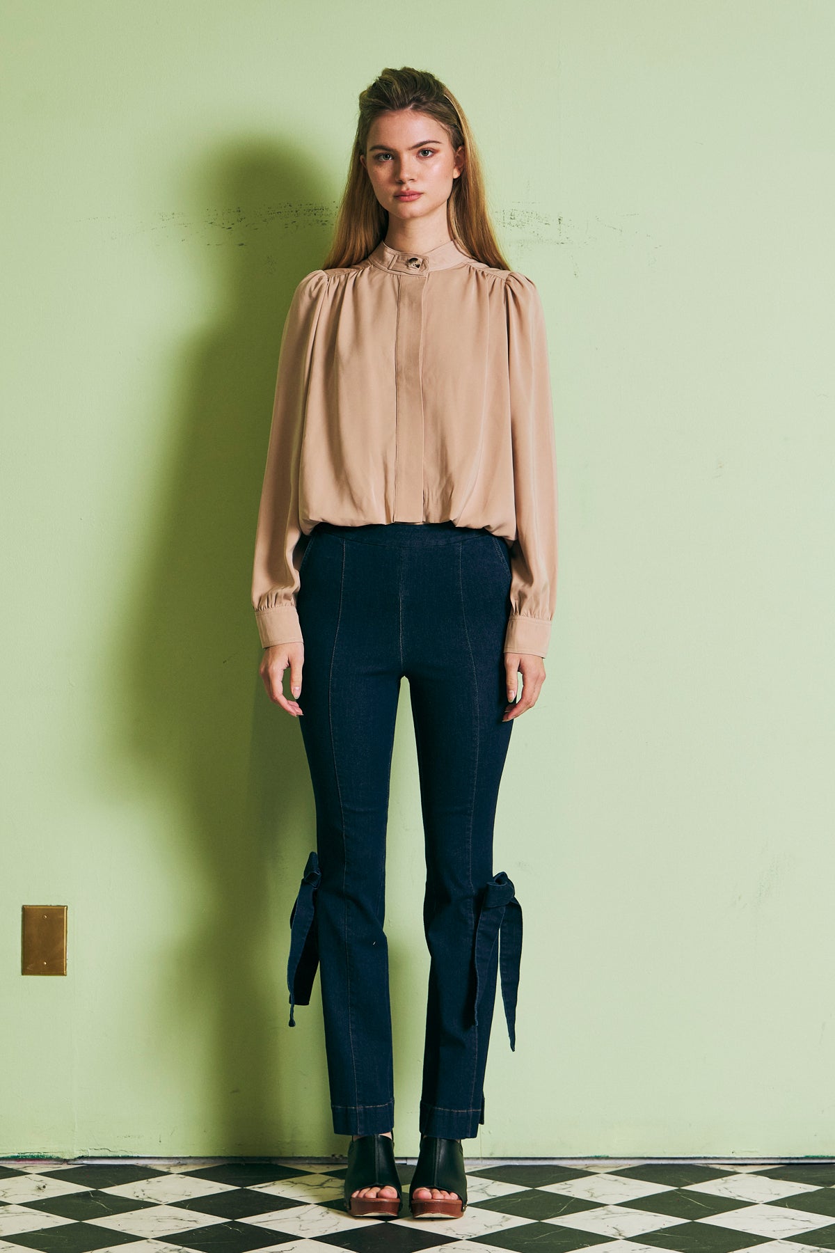 Side Split Flare Denim Pants with Bows