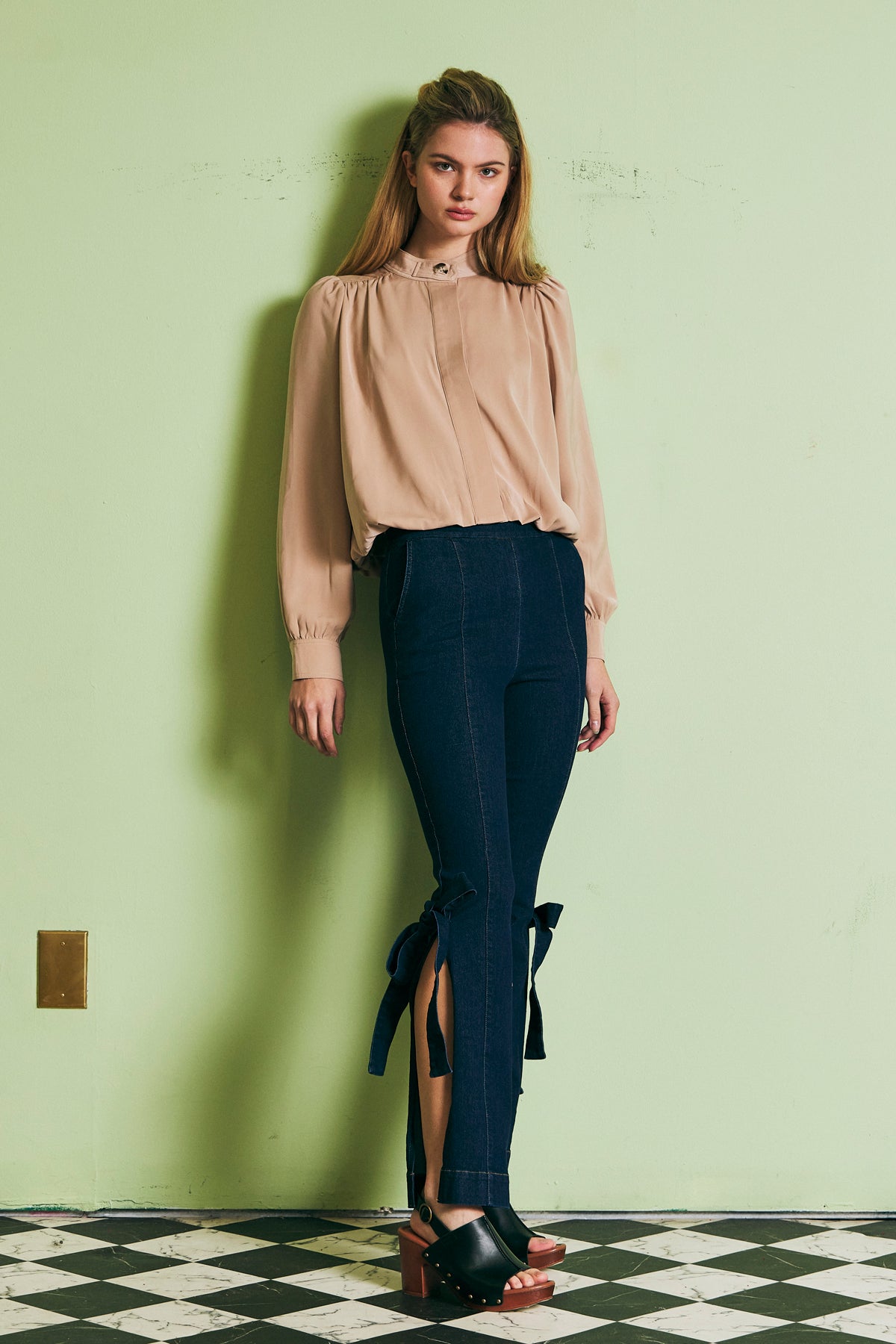 Side Split Flare Denim Pants with Bows