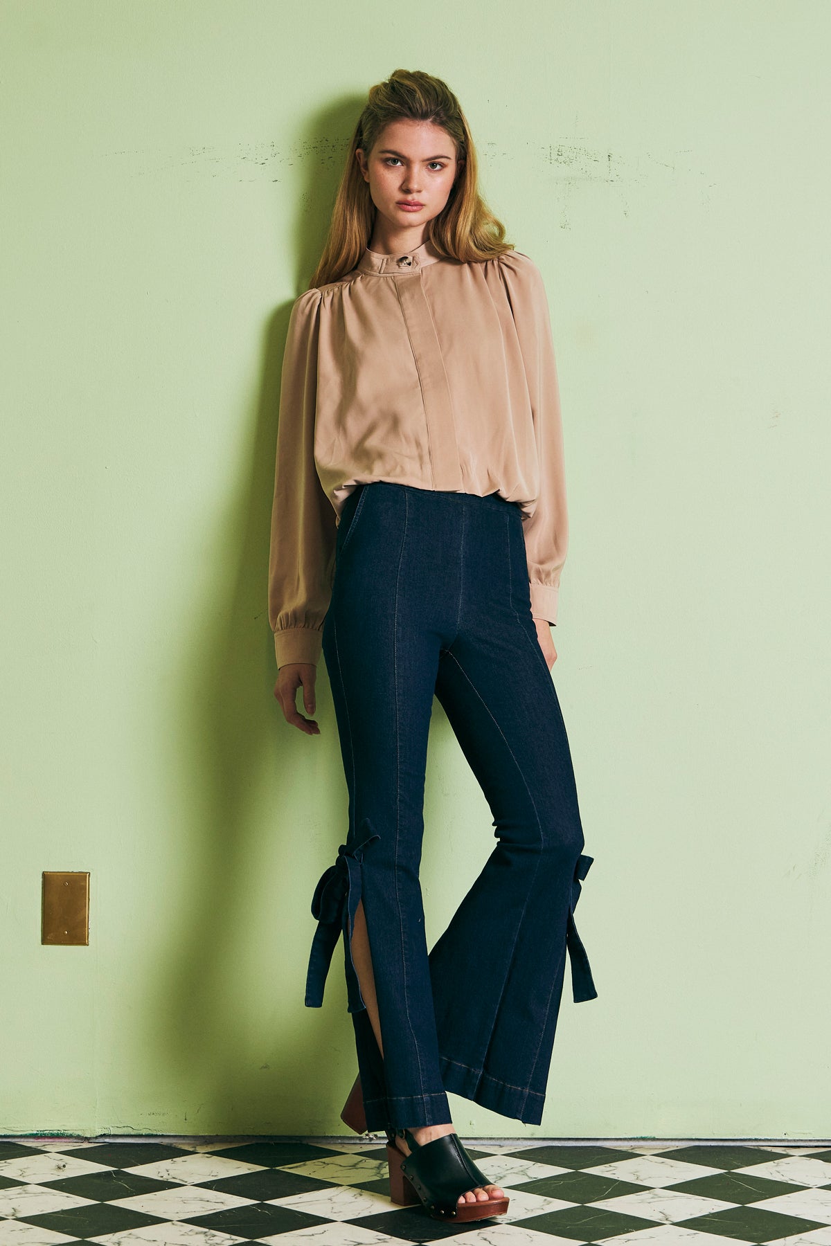 Side Split Flare Denim Pants with Bows