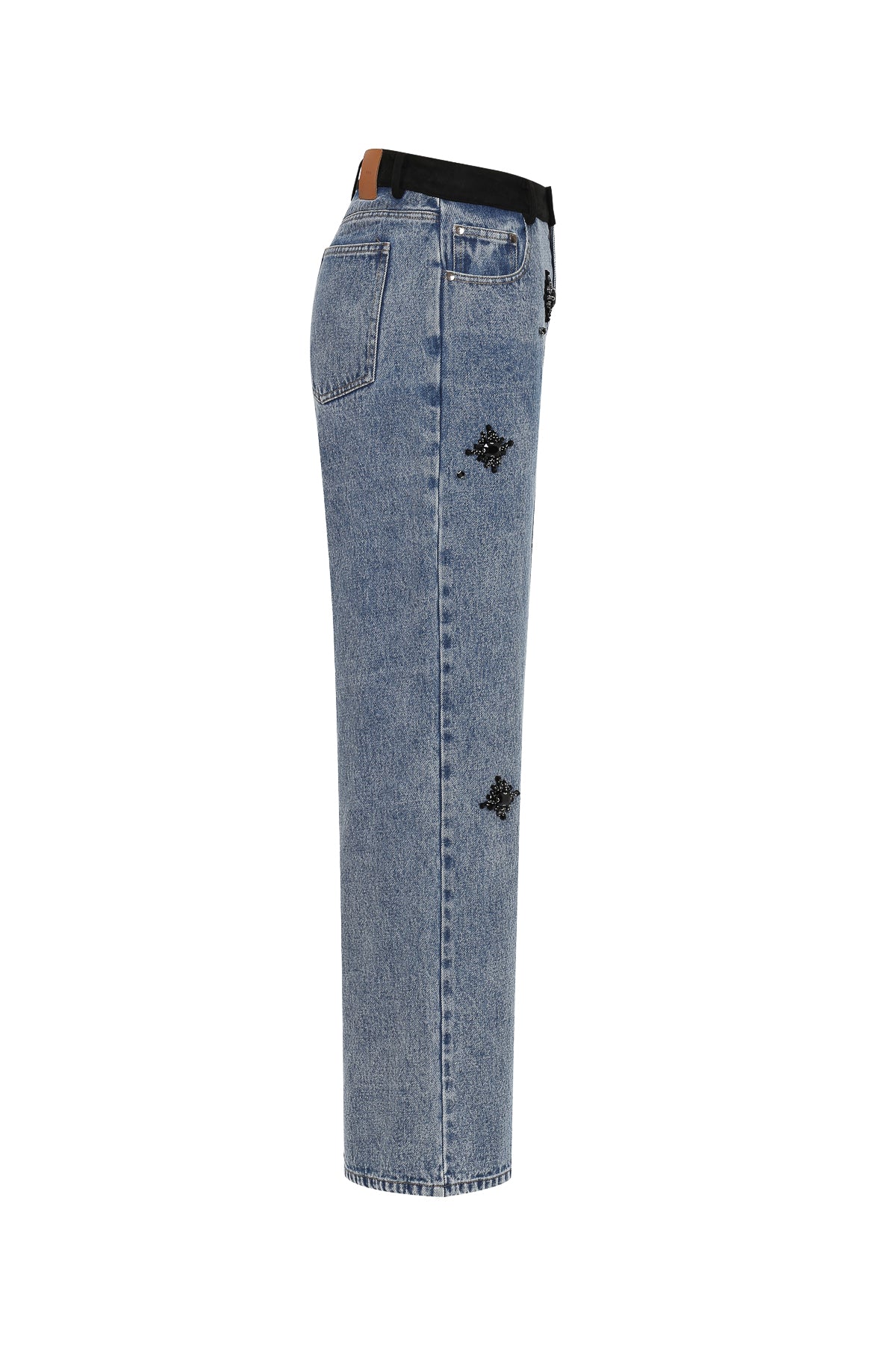Therese Embellished Denim Pants With Black Waistband