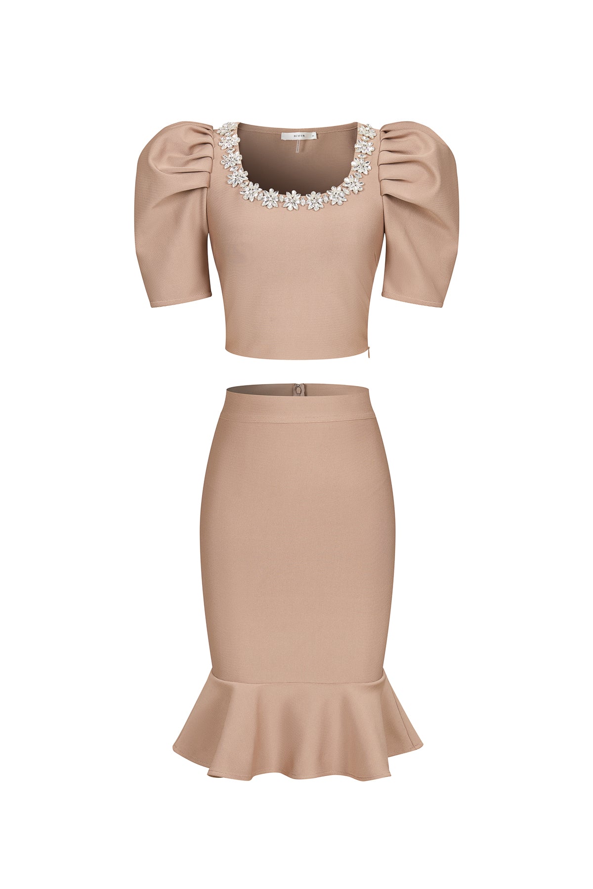 bandage top with rhinestones and flared skirt
