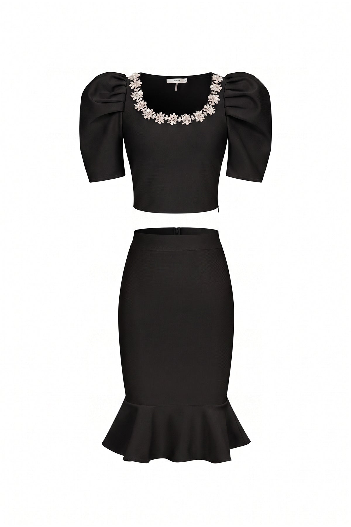 bandage top with rhinestones and flared skirt
