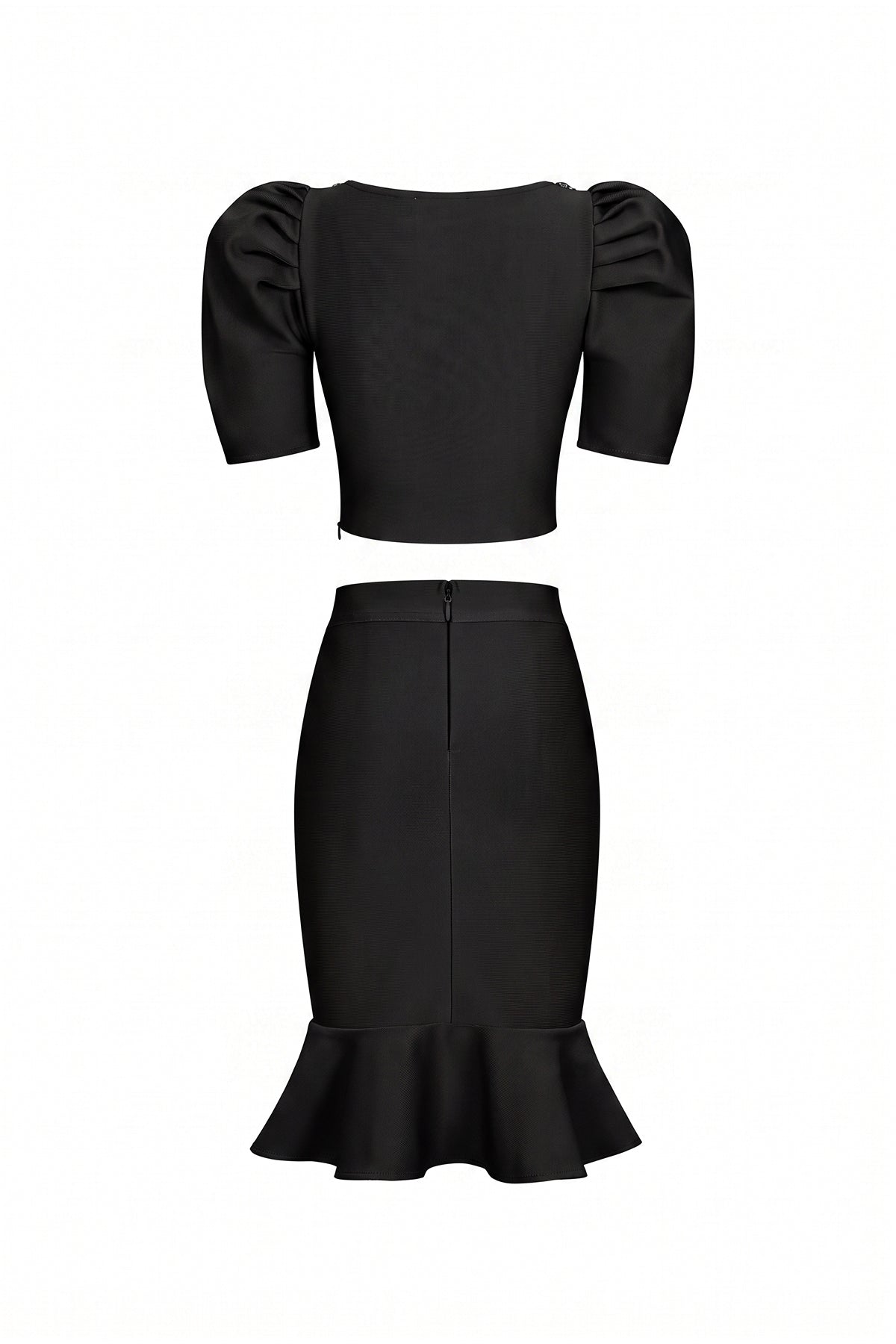 bandage top with rhinestones and flared skirt