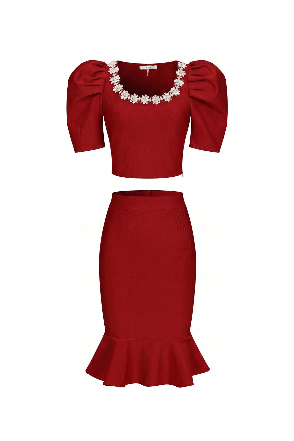 bandage top with rhinestones and flared skirt
