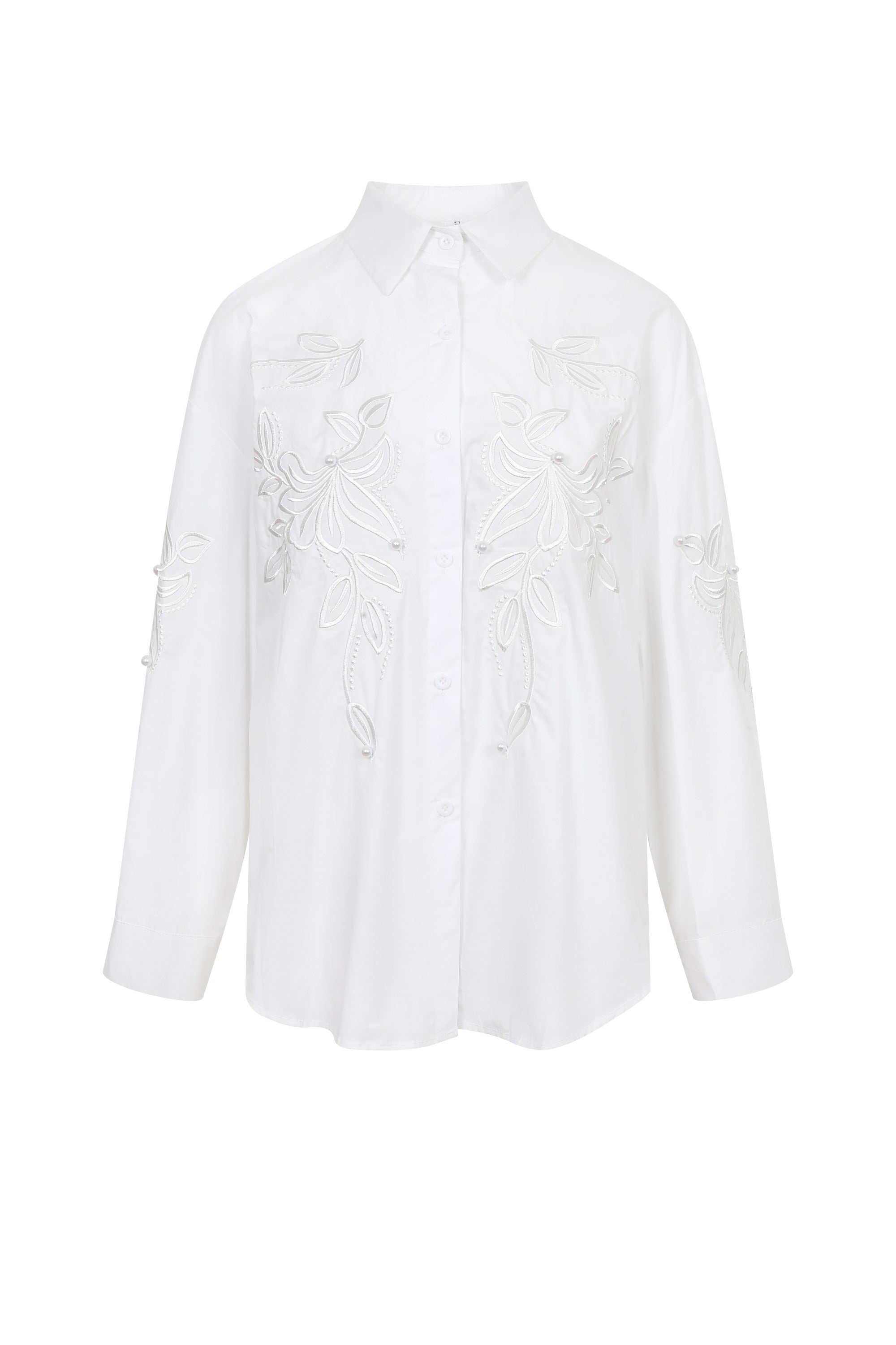 Embroidered Detail Woven Shirt with Pearl Accents