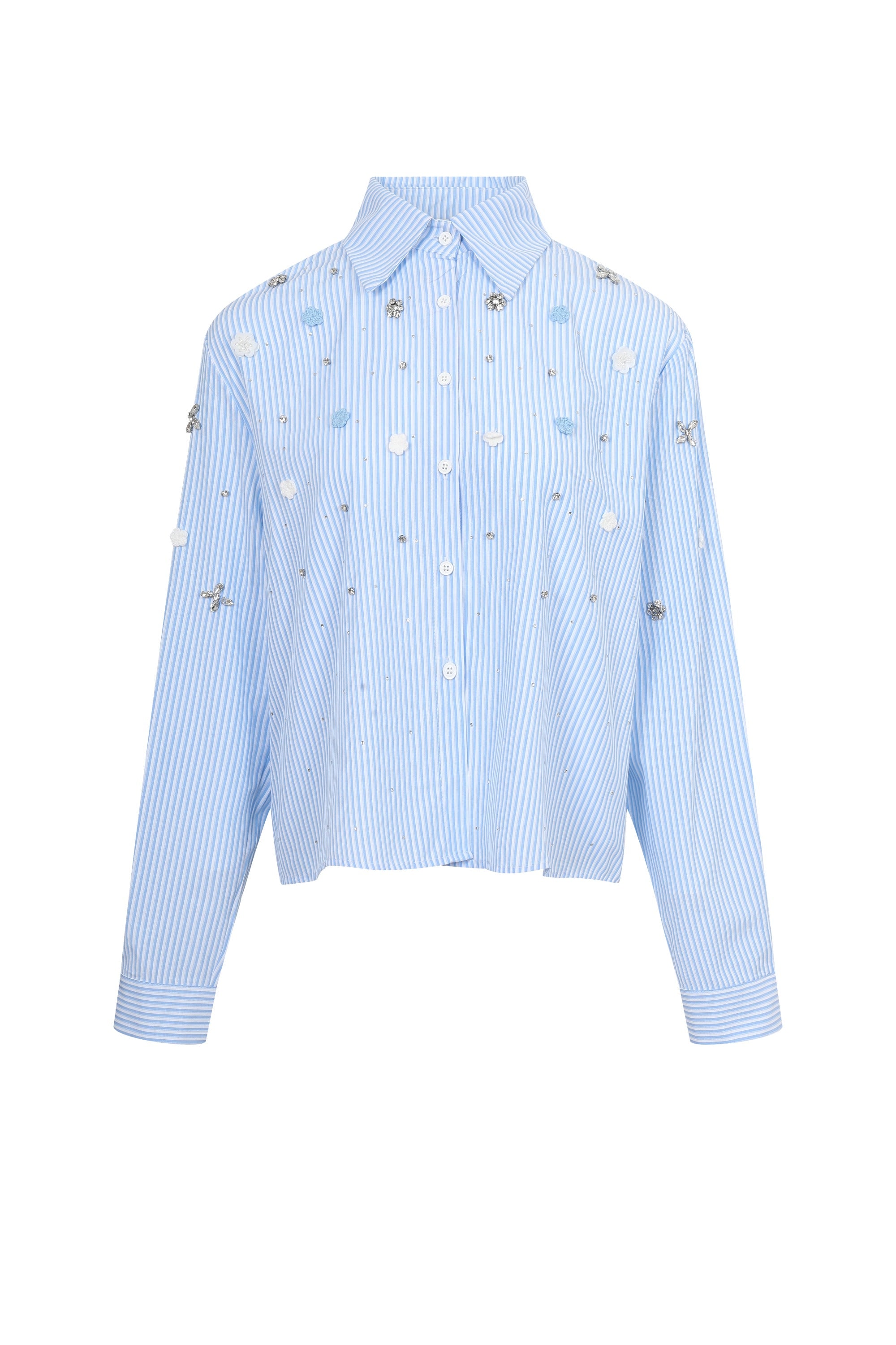 Flower and Rhinestone Embellished Stripe Shirt