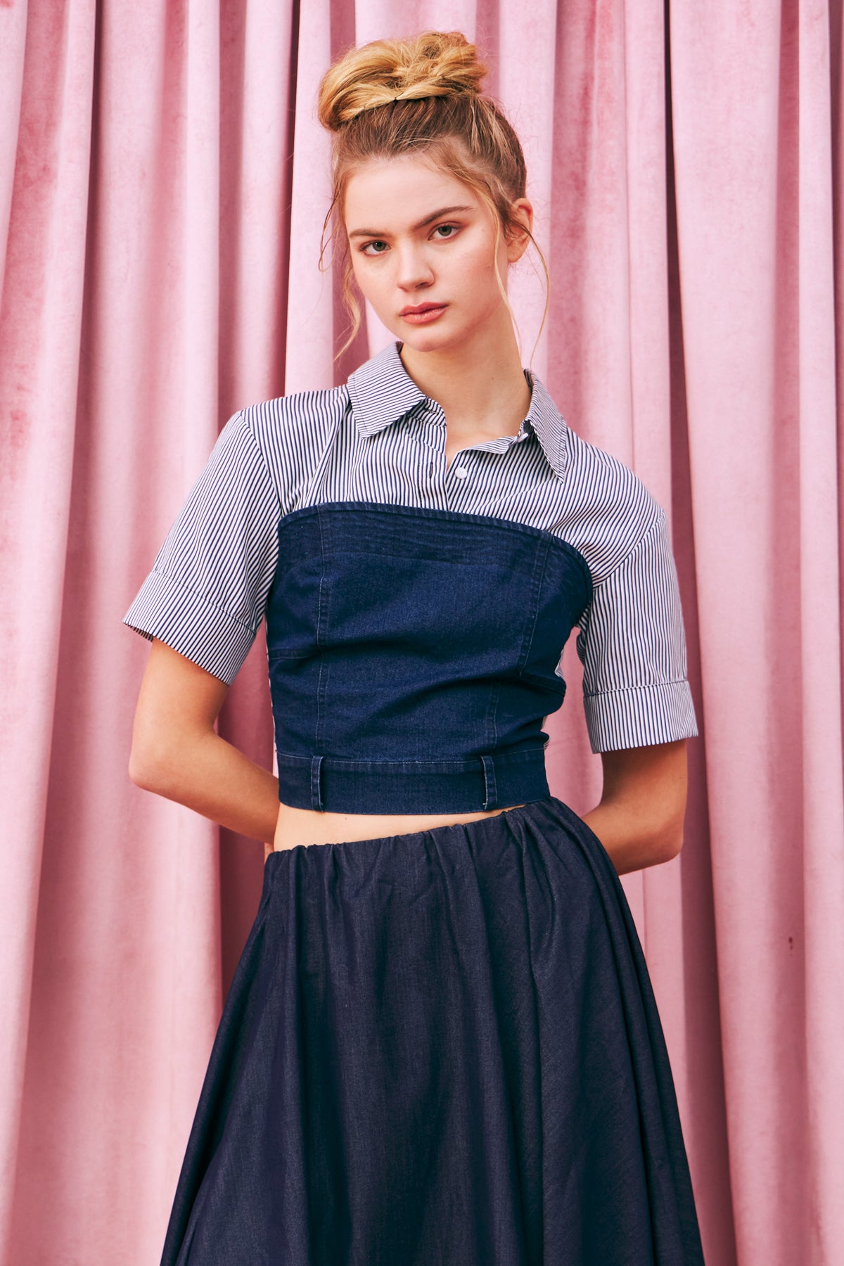 Striped Shirt Denim Mix Top