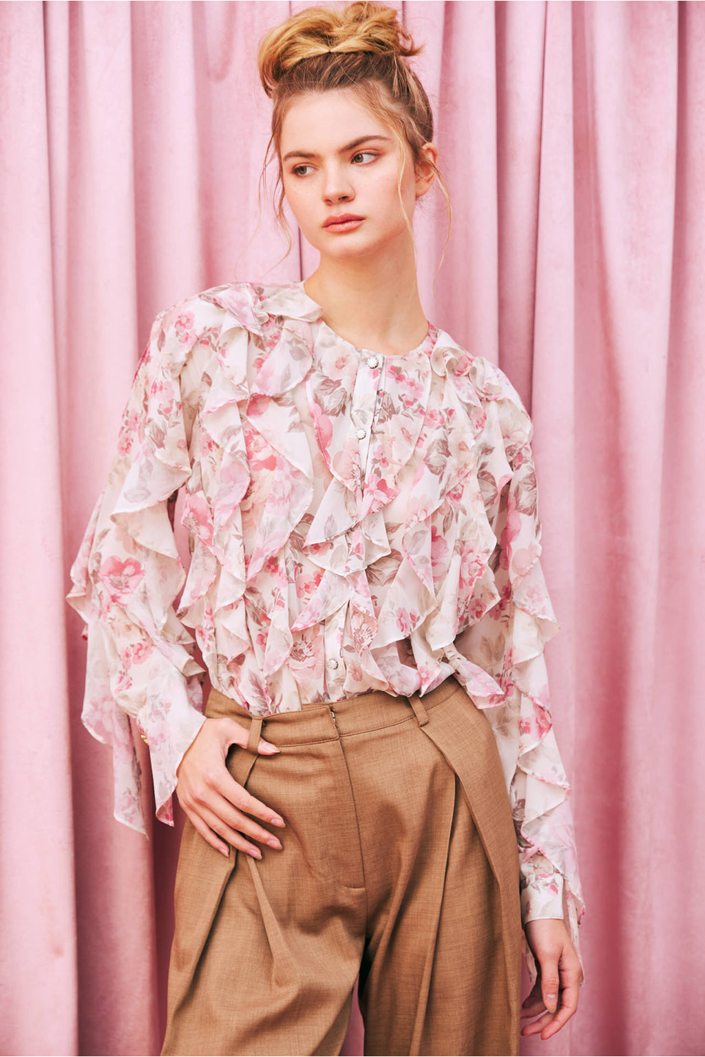 Blush Reverie Ruffle Printed Chiffon Blouse