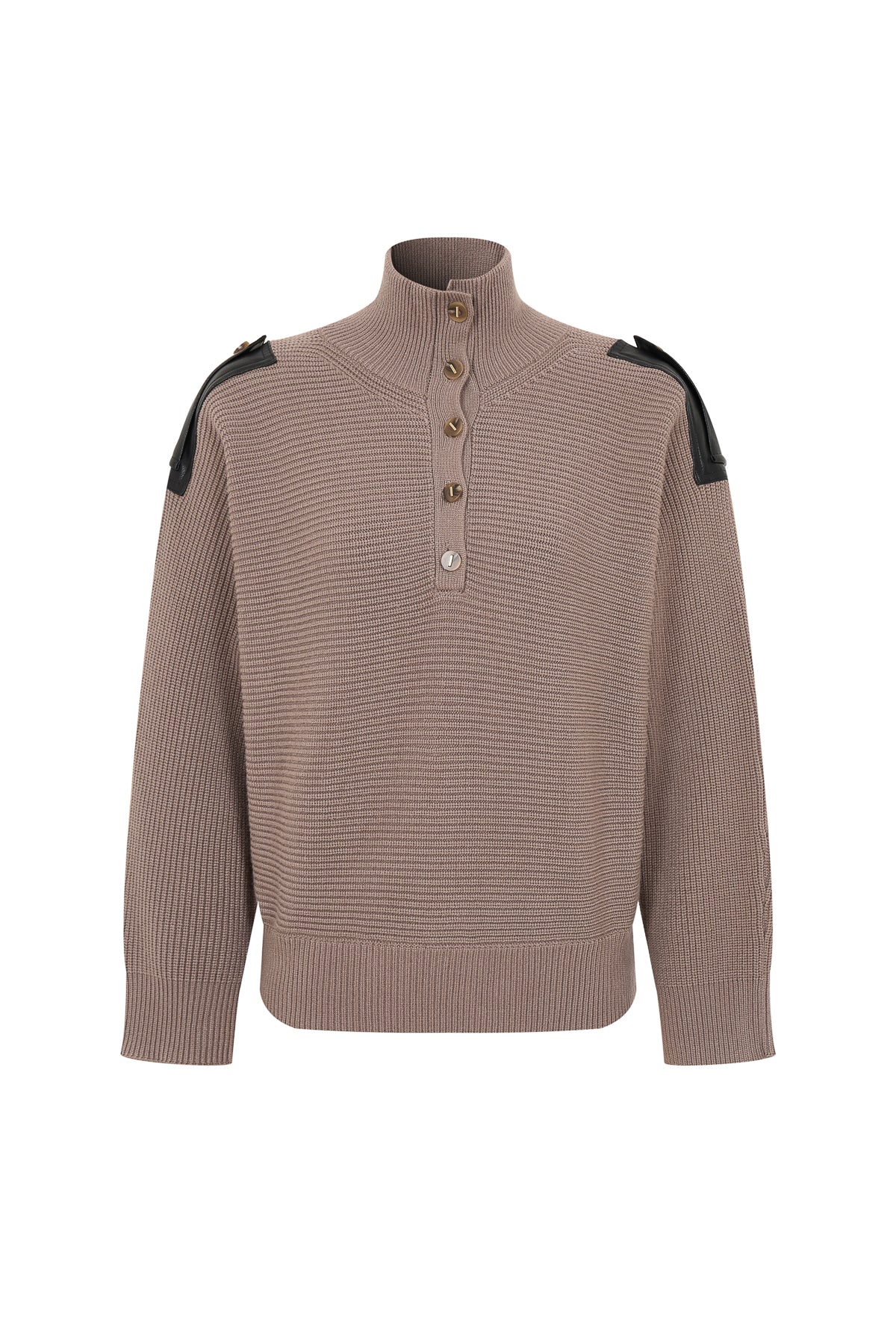 Leather Trimmed Ribbed Sweater