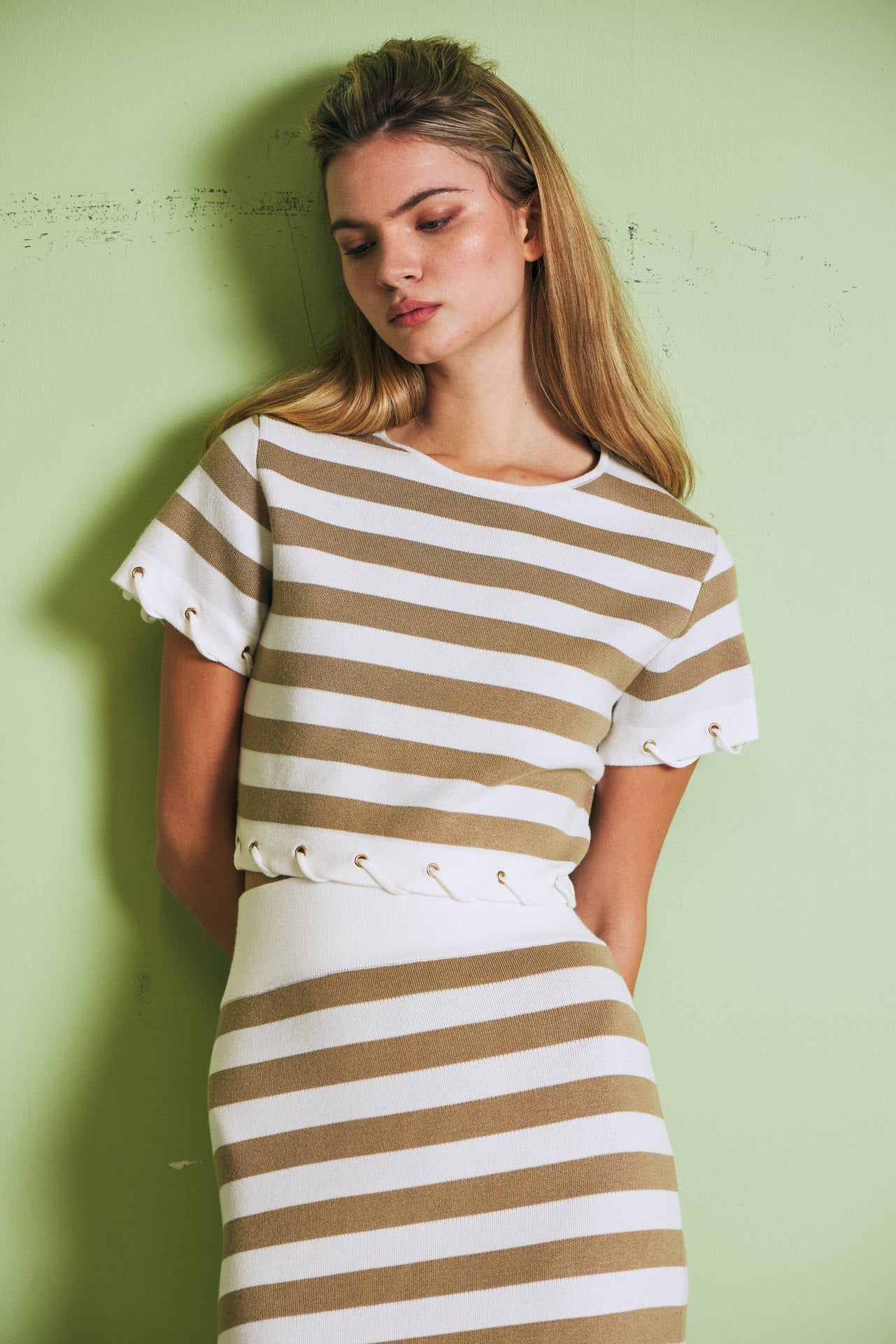 Knit Stripe Rope Embellished Short Sleeve Top