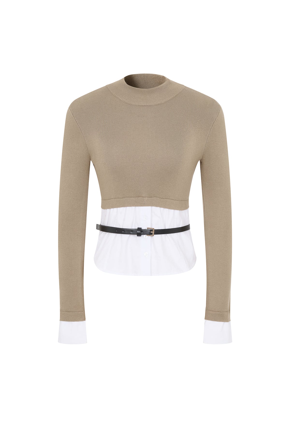 Knit Long Sleeve Top With Shirt Duo And Belt