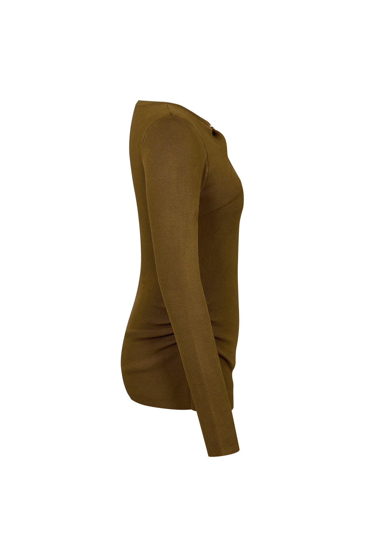 Knit Long Sleeve Top With Asymmetric Neck line And Gold Trim