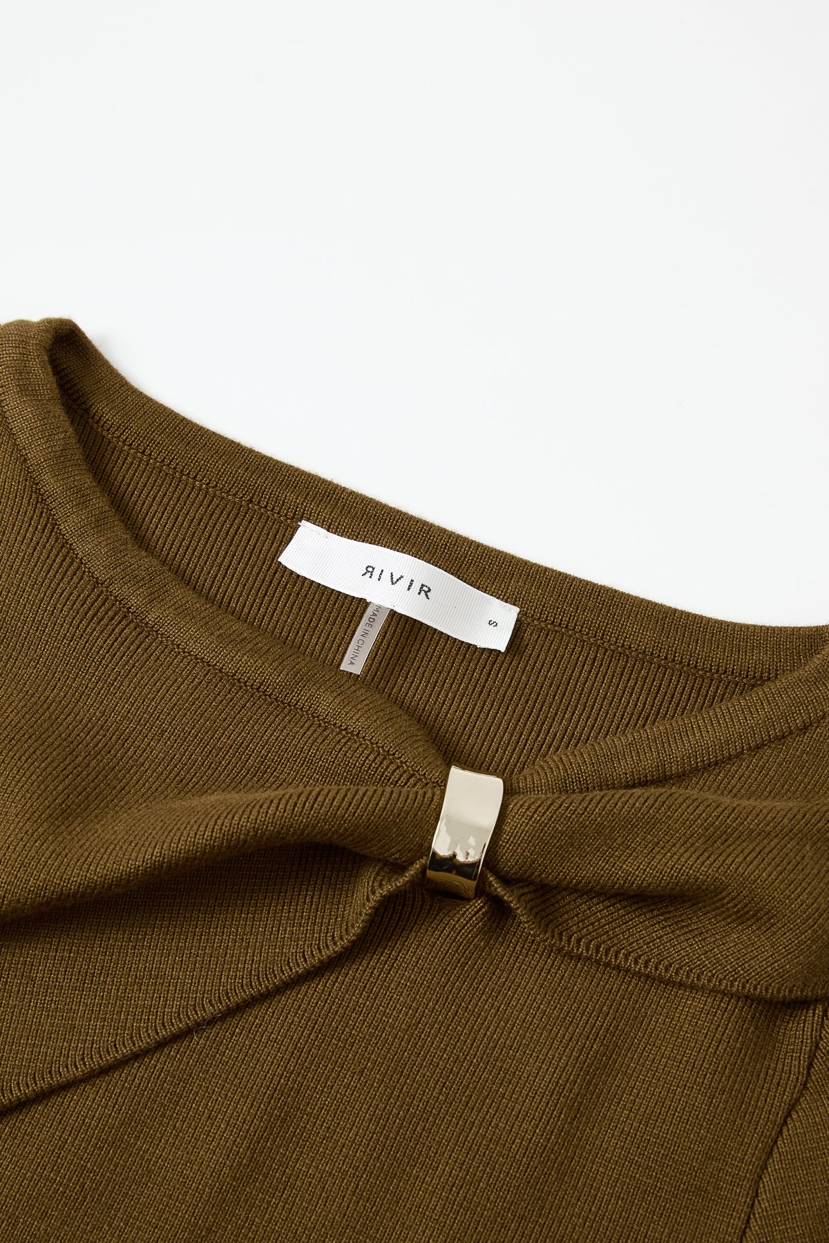 Knit Long Sleeve Top With Asymmetric Neck line And Gold Trim