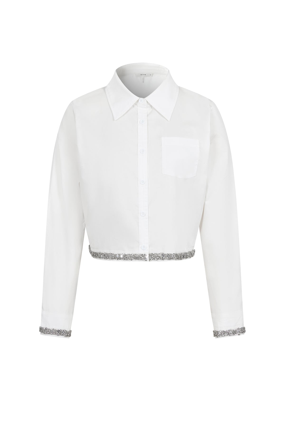Woven Crop Shirt With Rhinestone Hem