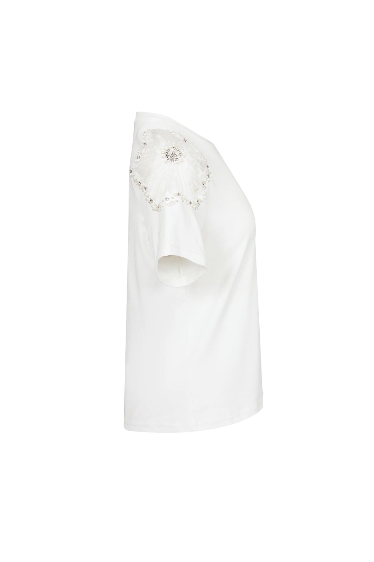 Knit T-shirt with Embellished Sheer Flowers
