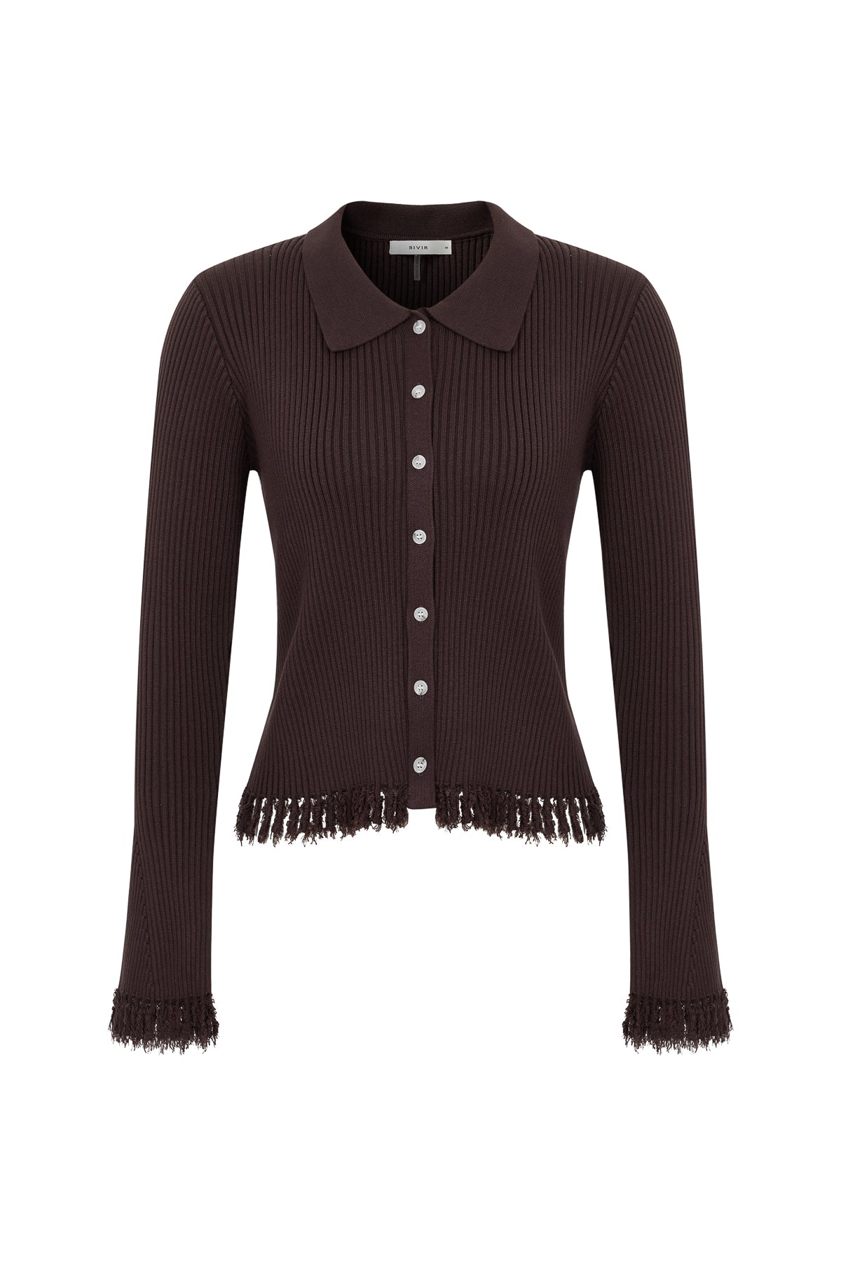 Knit Long Sleeve Top with Collar and Fringe Detail