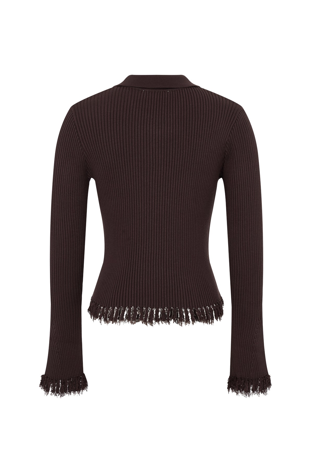 Knit Long Sleeve Top with Collar and Fringe Detail