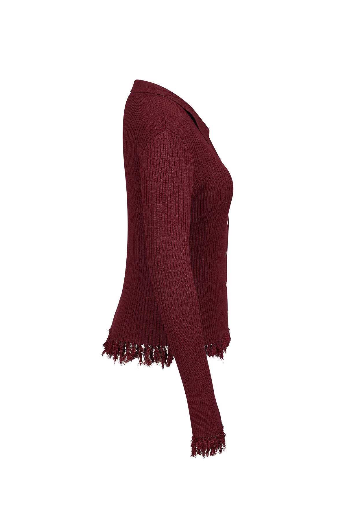 Knit Long Sleeve Top with Collar and Fringe Detail