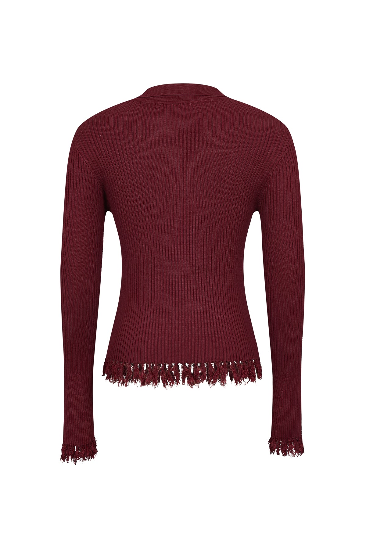 Knit Long Sleeve Top with Collar and Fringe Detail