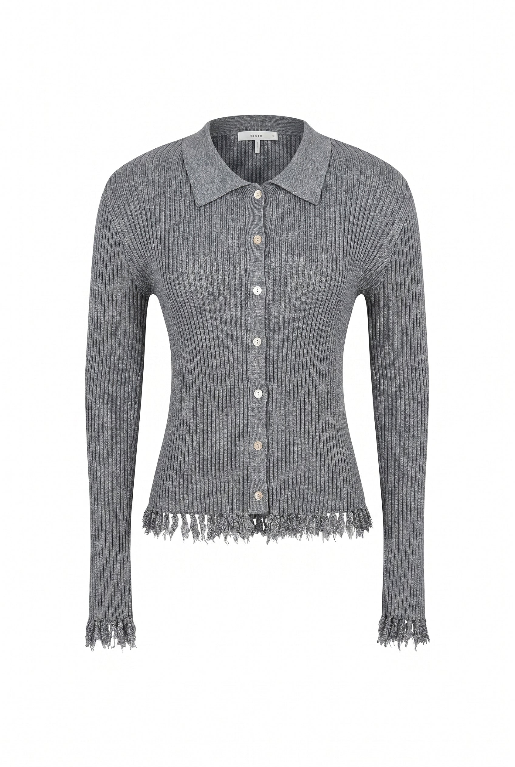 Knit Long Sleeve Top with Collar and Fringe Detail