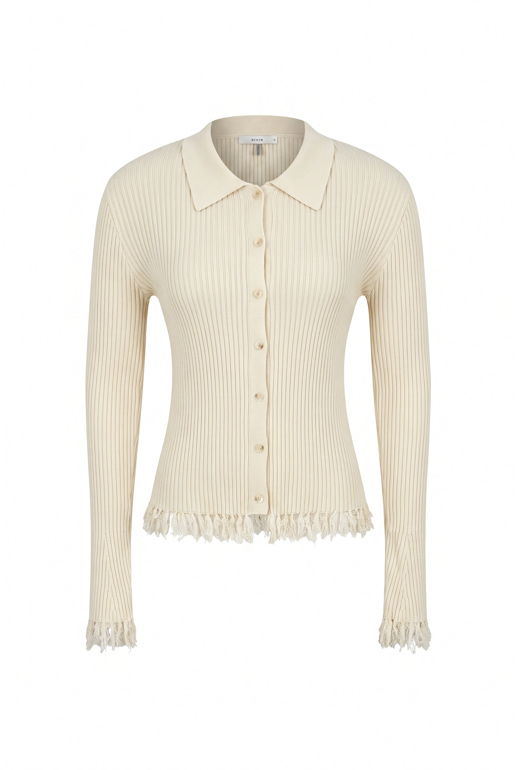 Knit Long Sleeve Top with Collar and Fringe Detail