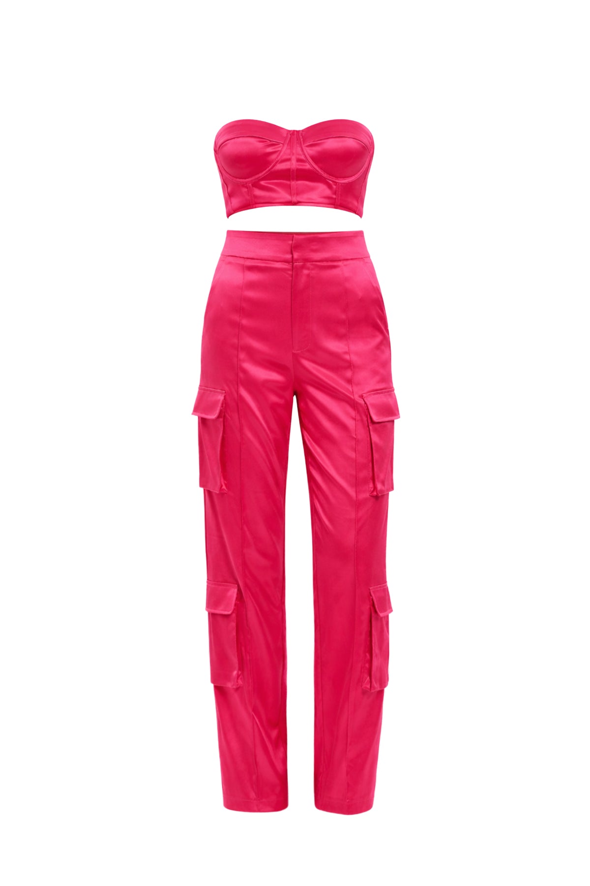 Corset Tube Bra Top and Satin Cargo Pants Set