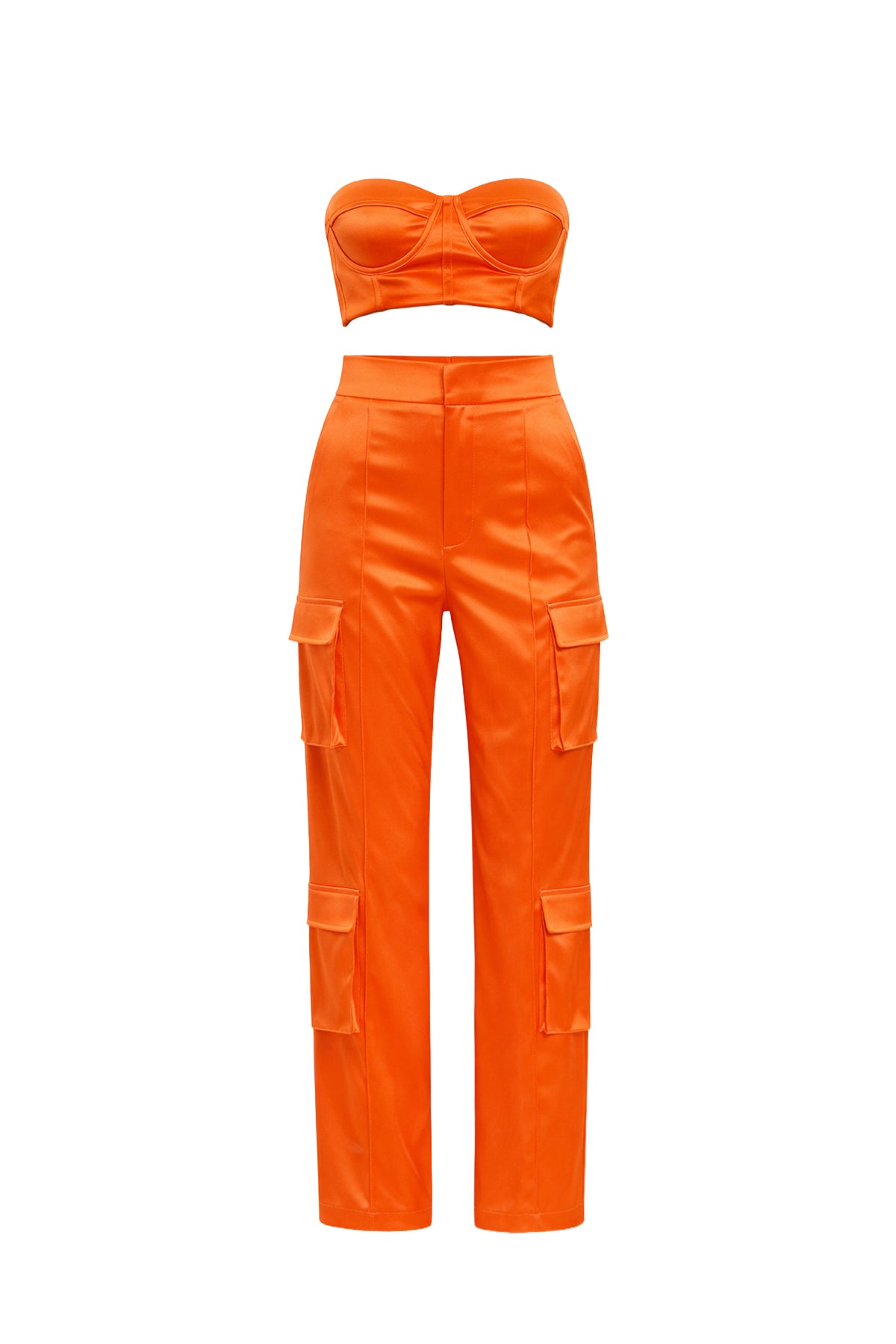 Corset Tube Bra Top and Satin Cargo Pants Set