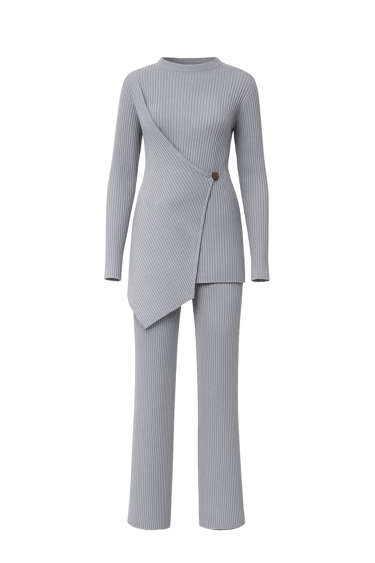 Cozy Chic Rib Knit High-neck Asymmetric Hem Top and Pants Set