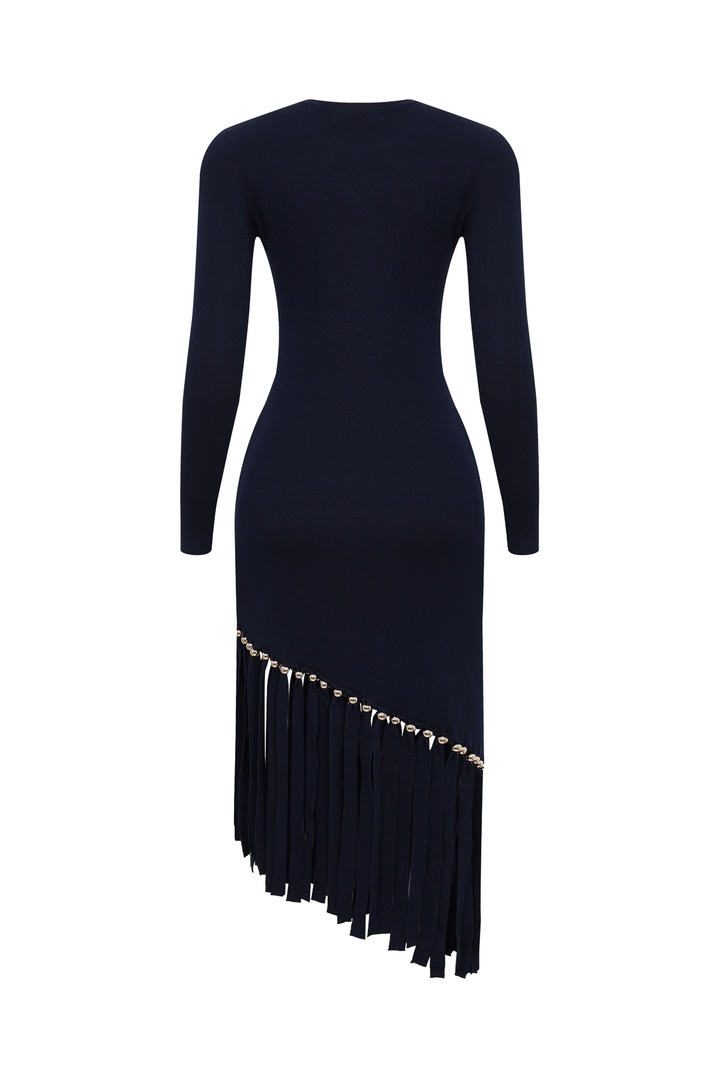 Beaded Fringe Knit Long Sleeve Midi Dress