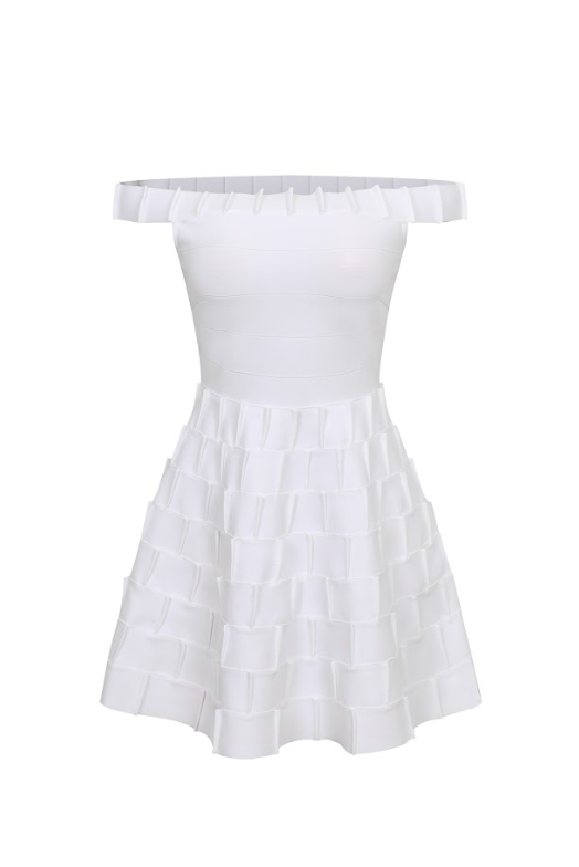 Alba Bandage Off Shoulder Fit and Flare Pintuck Dress