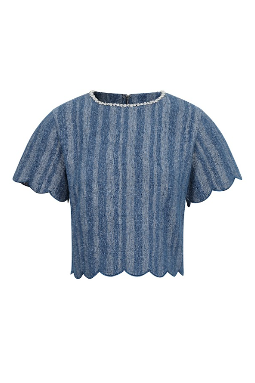 Scallop Hem Denim Top with Neck Rhinestones