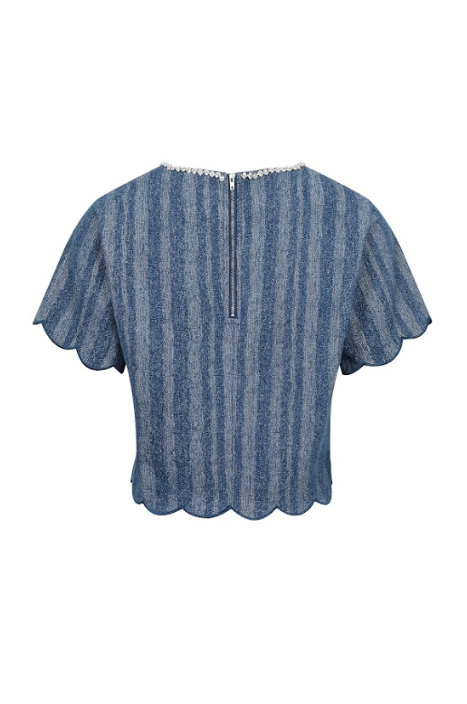 Scallop Hem Denim Top with Neck Rhinestones
